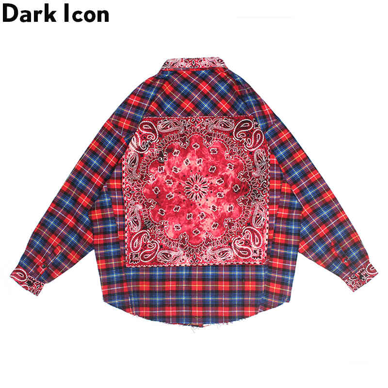 Dark Icon Bandana Plaid Street Shirt Men Long Sleeve Checkered Hip Hop Men's Shirts Streetwear Clothes 210410