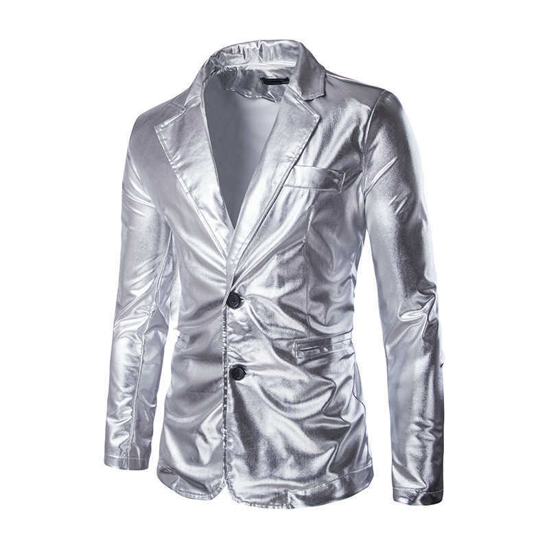 Fashion Reflective Fabric Two Piece Suit Male Autumn Plus Size Shiny Silver Casual Suit Set Men Slim Fit Suit Blazer 2 Piece Set X0909