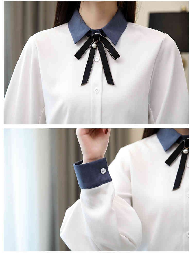 Autumn Fashion White Temperament Tie Long Bubble Sleeve Women Shirts Bow Solid Blue Full Blouses and Tops 6613 50 210510