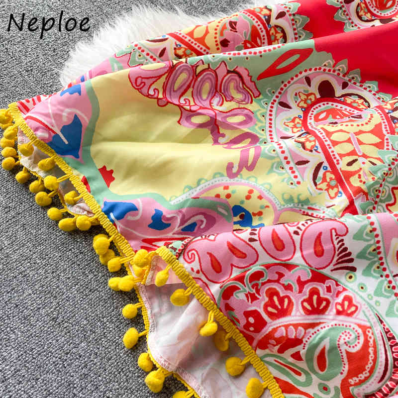 Chic Print Pattern Slim Waist Dress O-neck Tassel Patchwork Femme Vestidos Autumn Fashion A-line Dresses Women 210422Z