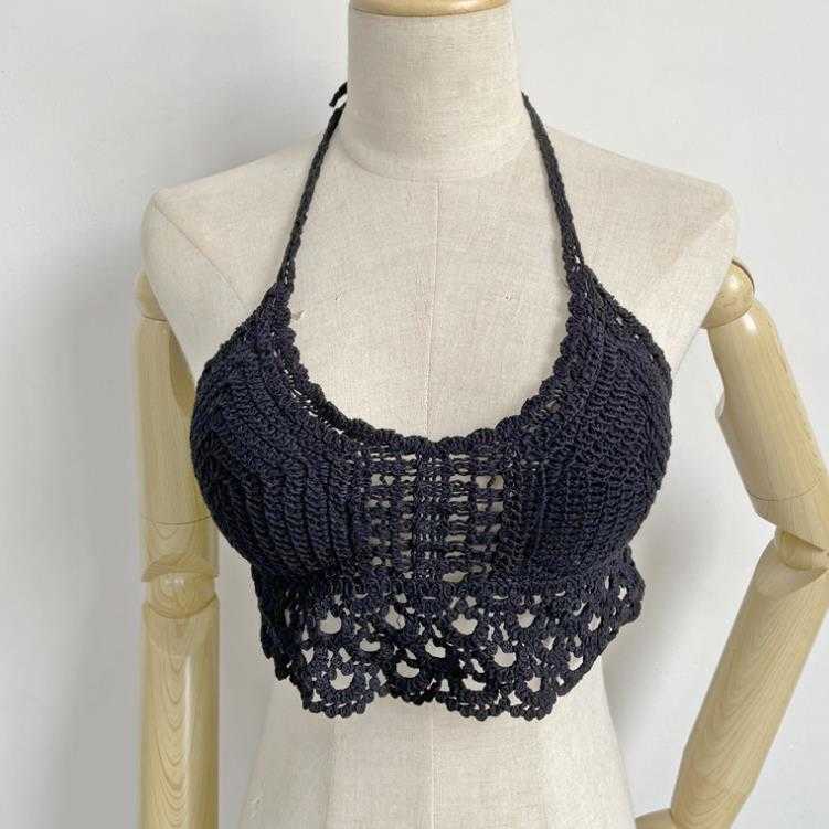 femme crop tops Summer Beach Crochet Camis Women Sexy Tassles Halter Camis Lady Holiday Seaside crochet bikini 210625