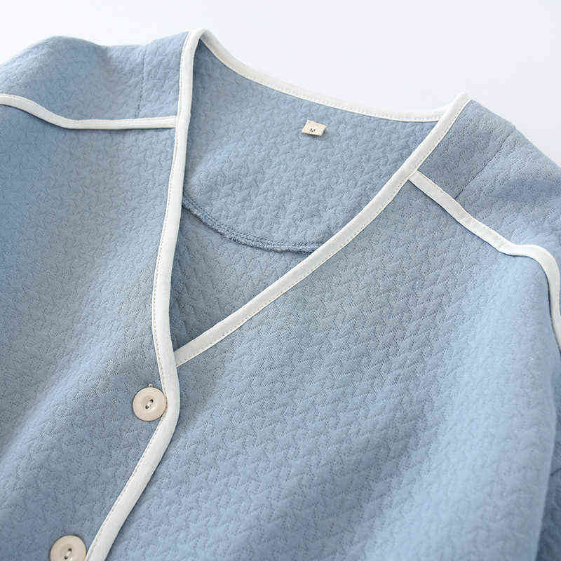 Autumn and Winter Leisure Tops Women's Long-Sleeved Trousers Cotton Thick Air Layer Solid Color Warm Simple Pajamas Set 211103