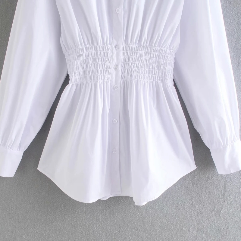Women Elastic Waist White Office Blouse Female Long Sleeve Shirt Casual Lady Loose Tops Blusas S8710 210430
