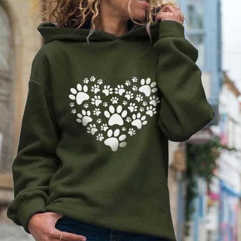 Women's Heart Paw Print Fleece Hoodies Warm Sweatshirts Batwing Sleeve With a Hood Hoodie Female Autumn Fashion Ladies Tops 210524
