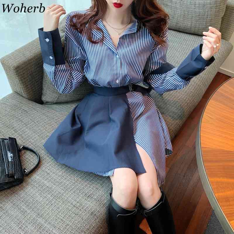Office Ladies Striped Shirt Dress Women Two Pieces Set Long Blouse+Bandage Shirts Korean Casual Elegant Vestidos 210519