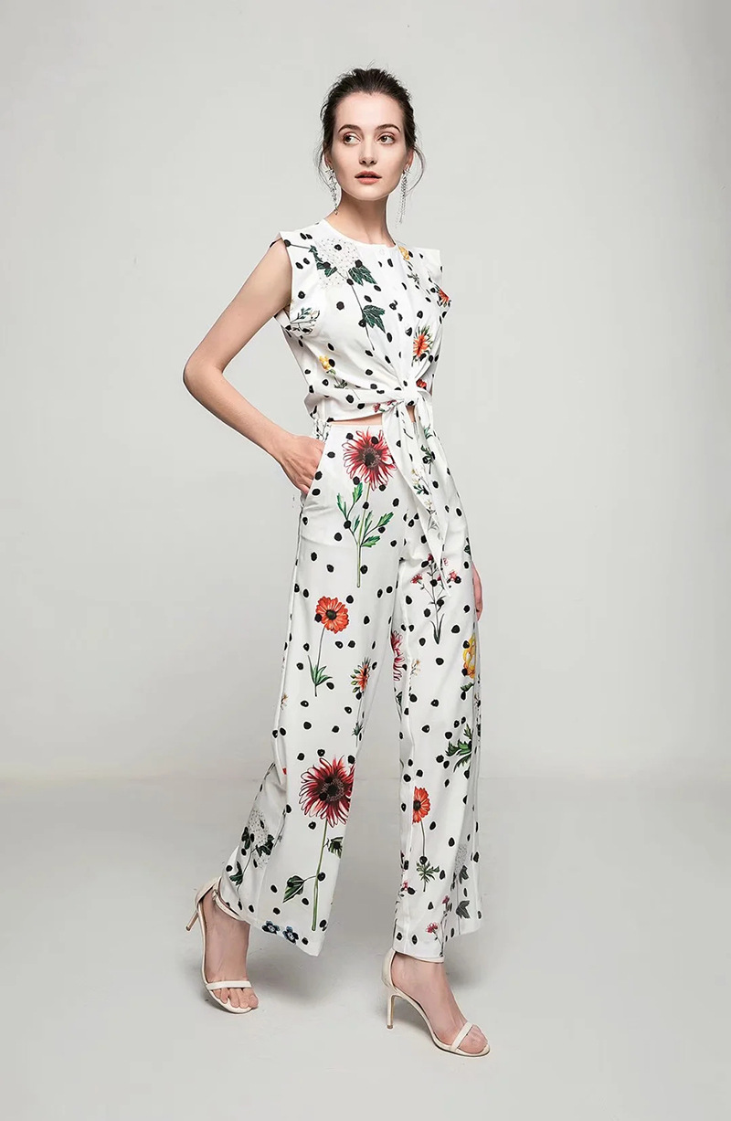 Women's Two Piece Pants Sets O Neck Flare Sleeves Lace Up Blouse with Printed Long Pant Fashion Runway Twinsets