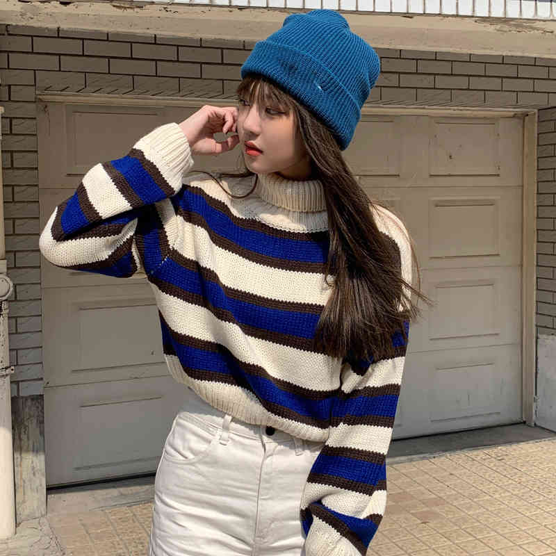 2Colors Autumn Winter Women Turtleneck Pullovers And Sweaters Korean style stripe thick Warm Female knitted Sweater (C8673) 210423