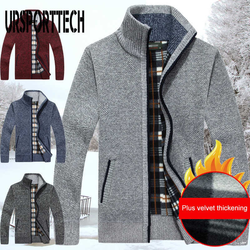 URSPORTTECH Knitted Mens Sweater Cardigan Coat Casual Faux Fur Wool Sweater Jackets Men Knitting Sweater Plus Size Warm Cardigan 211008