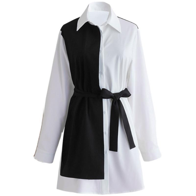 Fashion Shirt Dress Women 2021 Black White Patchwork Long Sleeve Turn Down Collar Single-breasted Short Mini Casual Dresses