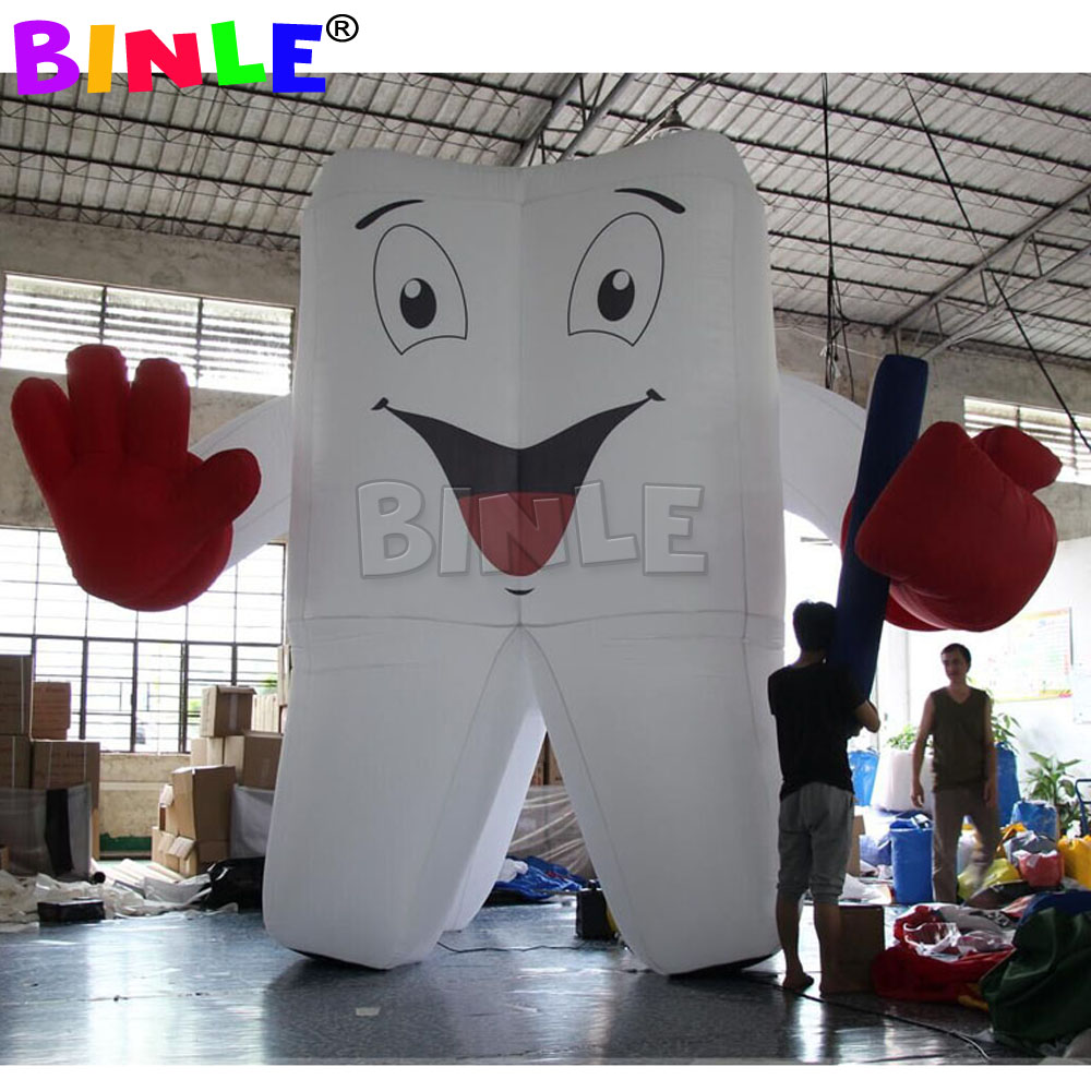 Customized Artificial giant inflatable tooth with toothbrush LED White Dental Man balloon for dentist advertising promotion 4mtsHigh