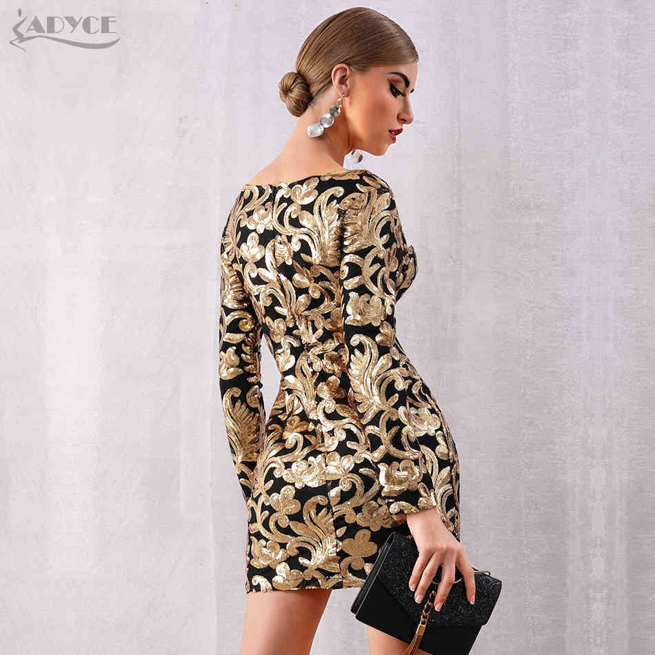 Autumn Women Gold Celebrity Evening Party Dress Elegant Sexy Long Sleeve Sequined Deep V Mini Club Vestidos 210423