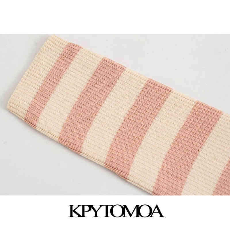 Women Fashion Striped Cropped Knitted Cardigan Sweater O Neck Long Sleeve Female Outerwear Chic Tops 210420