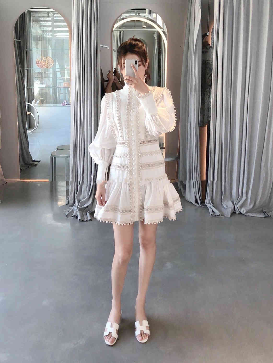 DEAT New Spring And Summer Lantern Sleeves Single Breasted Lace Hollow Out Ruffles Sexy Dress Female Vestido WL28000M 210428