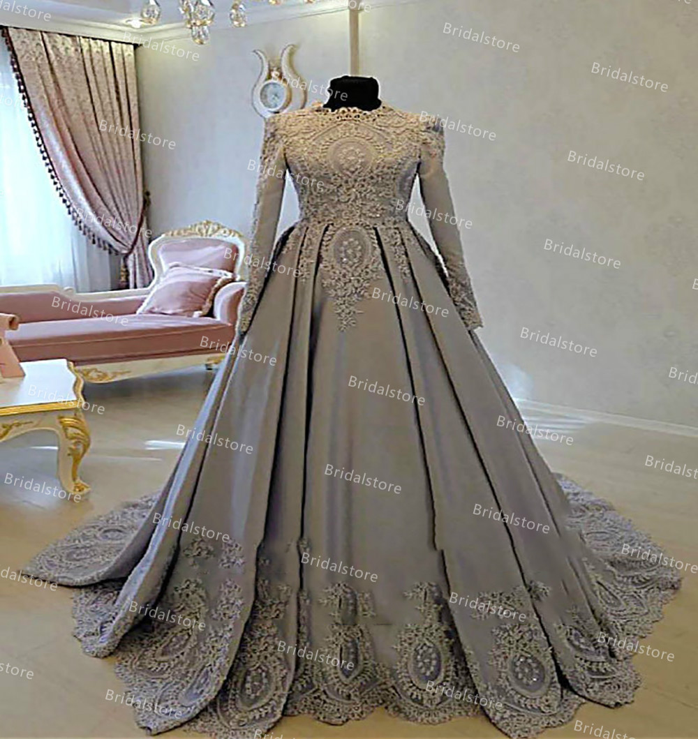 Vintage Silver Muslim Evening Dress With Lace Islamic Engagement Long Sleeve Prom Dresses 2021 Appliques Dubai Arabic Party Gown robe de soirée mariag