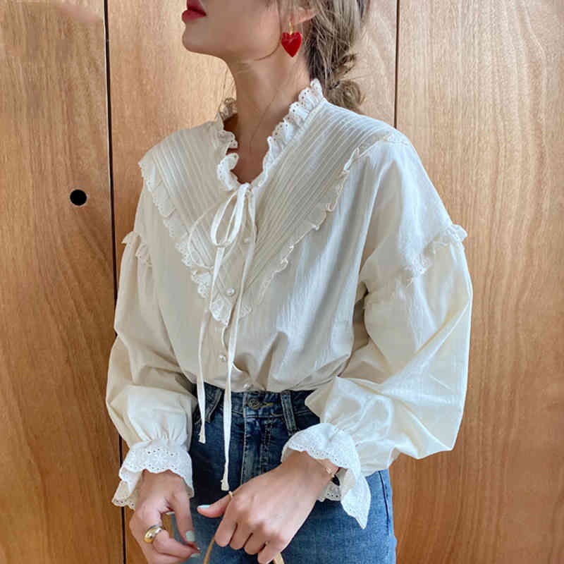 Loose Clothing Cotton Vintage Elegant Tops Women Shirt Korean Style Solid Long Lantern Sleeve Blouse Blusas 9580 210427