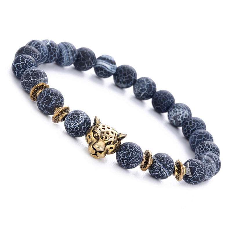 Black Natural Agate Strands Bracelet Antique Gold Silver Leopard Head Charm Bracelets