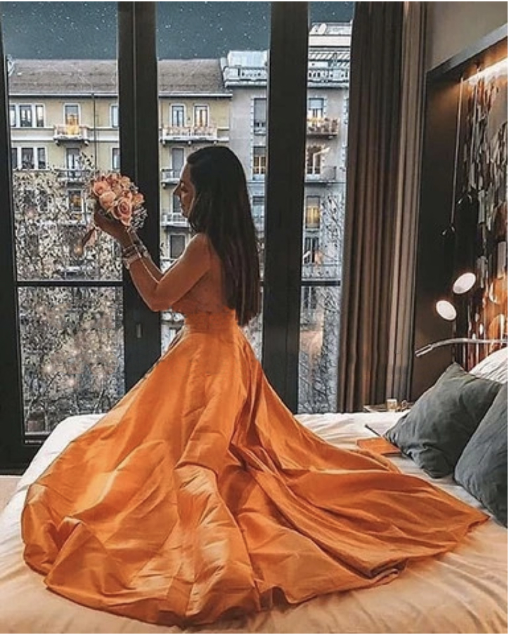 Orange A Line Long Prom Dresses 2021 Sexy V Neck Backless Spaghetti Strap Evening Dress Party For Women Formal Gowns