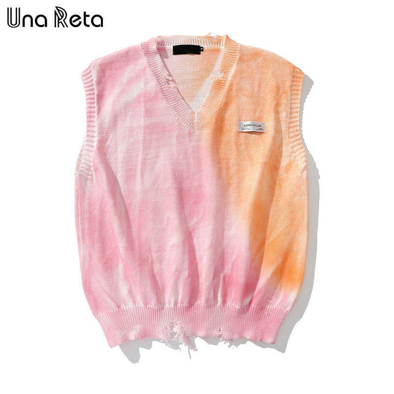 Una Reta Tie Dye Sweater Vest Men Streetwear Men's Vests V Neck Pullover Men Sleeveless Sweater Hole Men's Sweater 210809