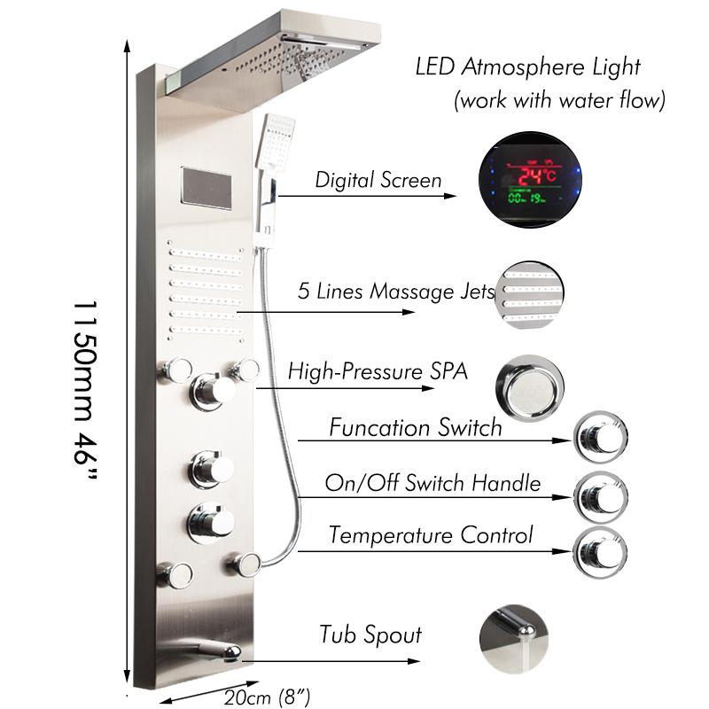 Nickel Brushed Black Digital Display Shower Panel Column LED Rain Waterfall Spa Jets Bath Mixer Faucet Bathroom Sets