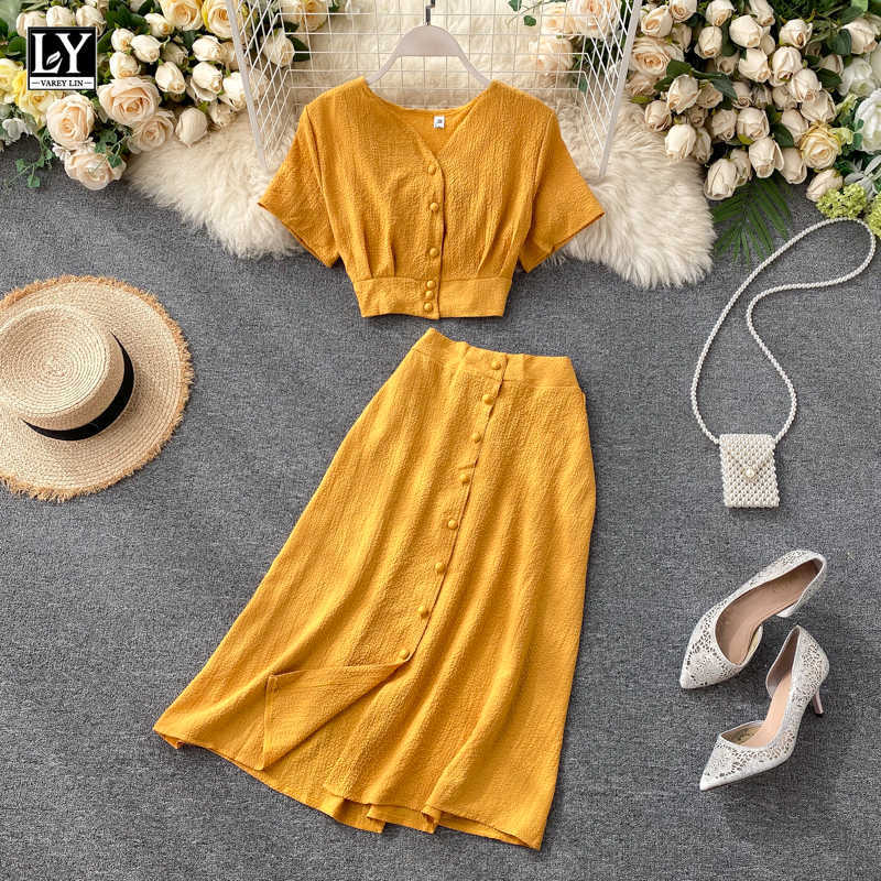 LY VAREY LIN Summer Women Casual V Neck Single Breasted Crop Tops High Waist A-line Solid Color Skirt Two Piece Set 210526