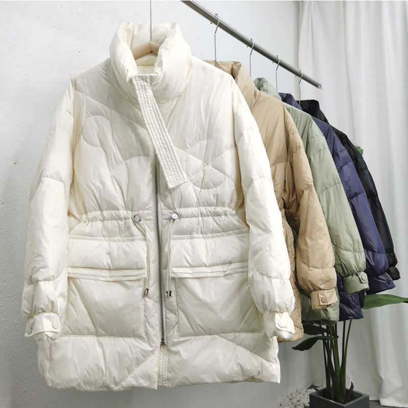 Janveny Winter Women Lightweight 90% White Duck Down Coat Thick Warm Long Sleeve Loose Puffer Jacket Pocket Snow Parkas 211007wtt