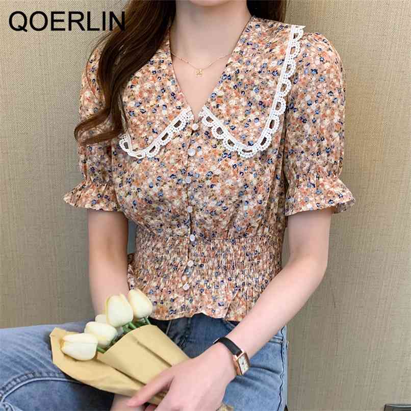 Chic Peter Pan Collar Elastic Waist Shirts Girls Sweet Korean Style Short Sleeve Slim Tops Blouse Fashion Printed Floral 210601