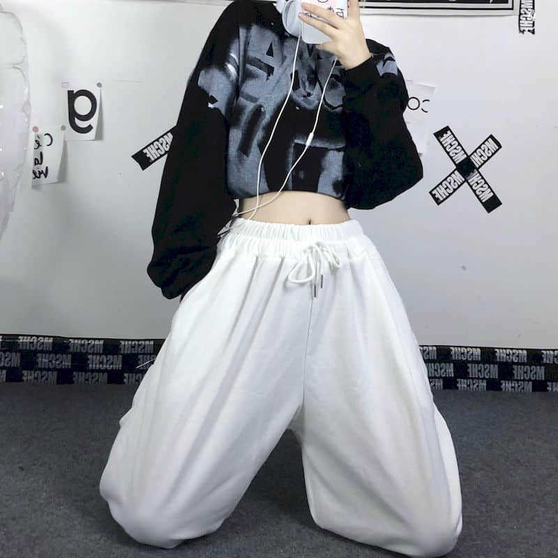 Wide leg pants women autumn winter Korean version Harajuku style retro white casual loose high waist elastic trousers 210526