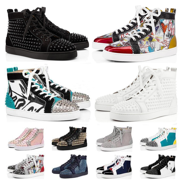 2021 Men women red bottoms shoes fashion spikes high top Black blue Glitter Grey leather suede mens casual trainers sneaker size 36-47, 49
2021 Men women red bottoms shoes fashion spikes high top Black blue Glitter Grey leather suede mens casual trainers sneaker size 36-47, 49