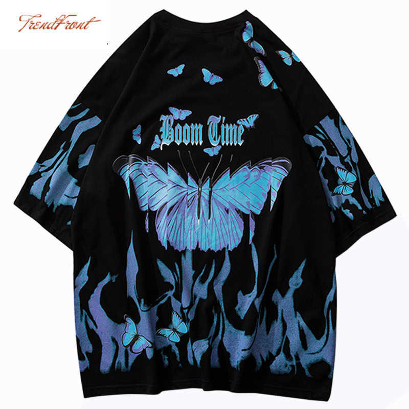 Mens Hip Hop T Shirts Blue Fire Flame Butterfly Streetwear Tshirt Harajuku Summer Short Sleeve T-Shirt Cotton Tops Tees 210715