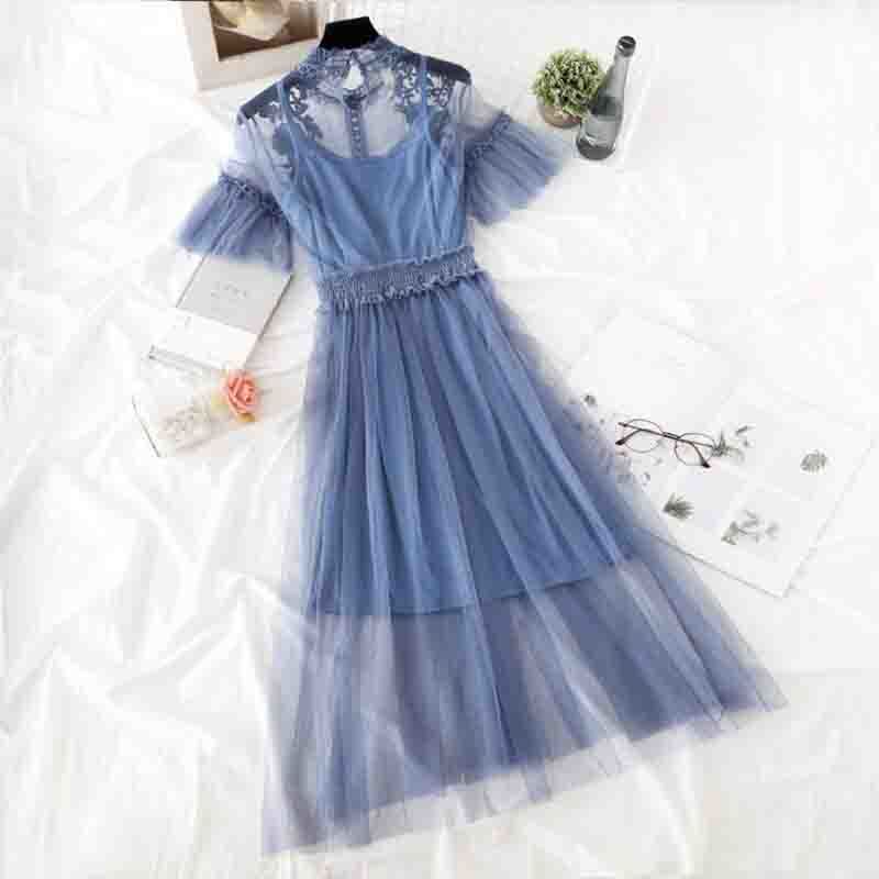 Lotus Leaf Collar Short Sleeve Party Dresses Summer Sweet Mesh Patchwork Lace Dress Two Pieces Women Long Dress Vestidos 210521