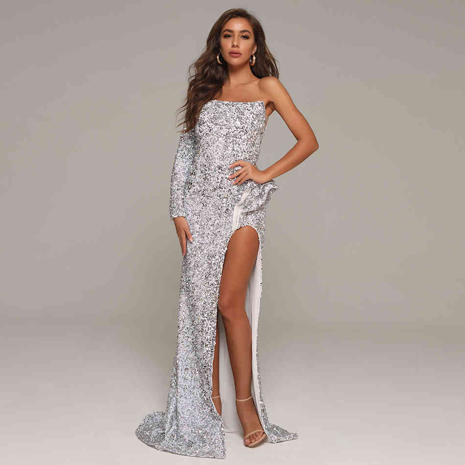 Summer Women Silver Sequins One Shoulder Long Sleeve Dress Sexy Floor Length Club Evening Runway Party Maxi 210423