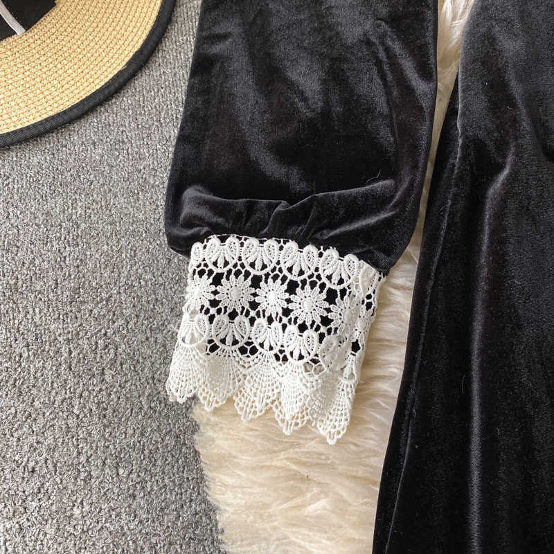 LY VAREY LIN Spring Autumn Women Black Single Breasted Long Sleeve Dress Vintage Collar Lace Patchwork Velvet 210526