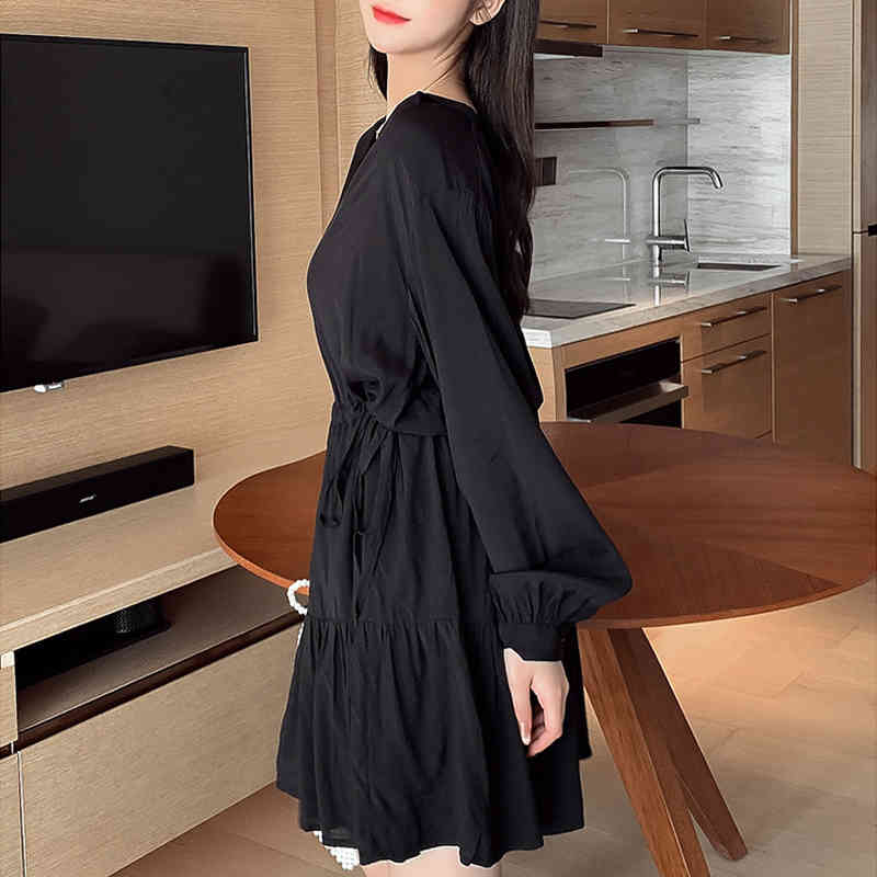 White Long Sleeve Mini DressTemperament Simple Drawstring V-neck High Waist Dresses Autumn Korean Women Dress 11421 210427