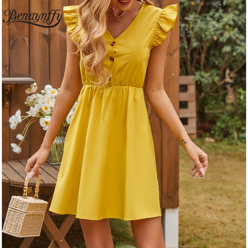 V-neck Button Front Solid Mini Dresses Women Summer Ruffle Sleeve High Waist Female Casual A-Line Dress 210510
