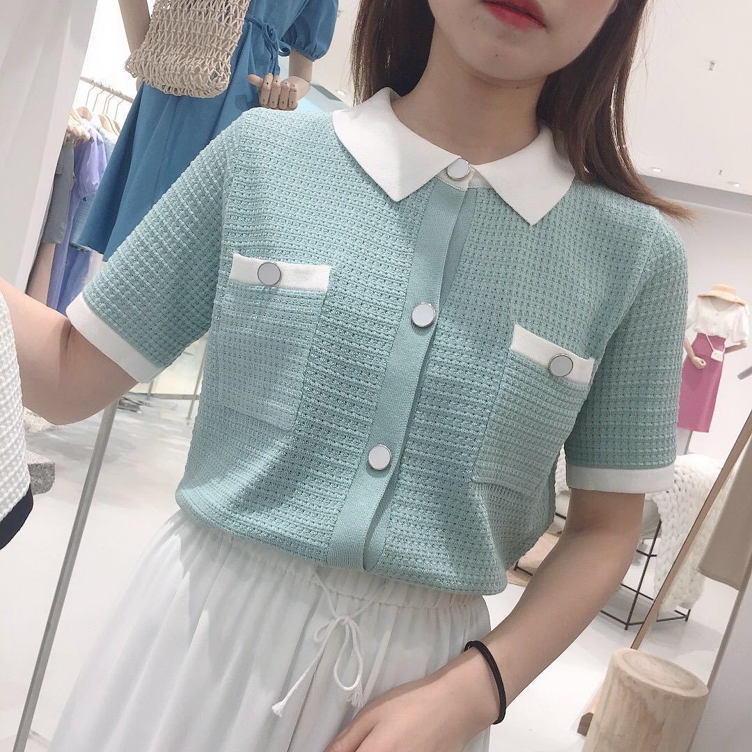 Casual Knitted T Shirt Women Short Sleeve Korean Fashion Turn-down Collar T-shirt Ladies Tops Tees 210519