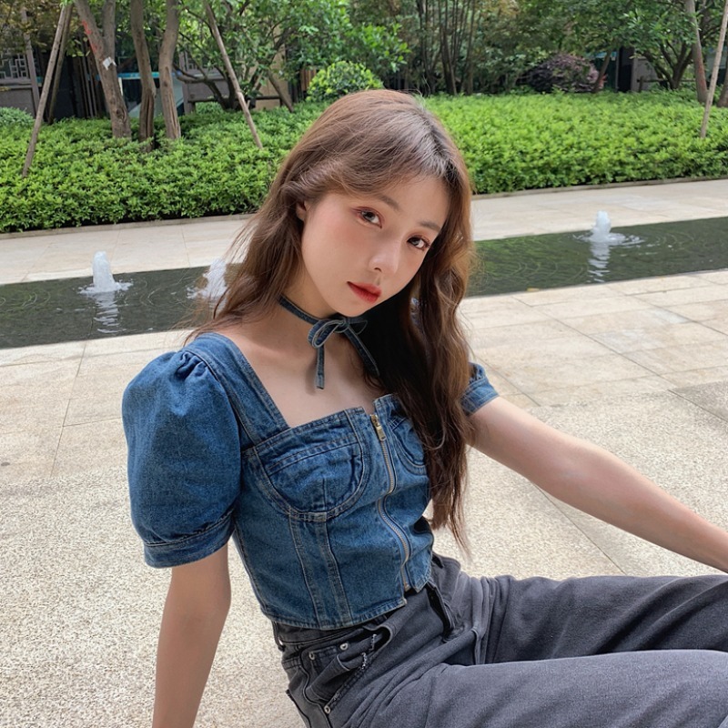 Chic Korean Vintage Shirts & Blouses Square Neck Puff Short Sleeve Zipper Crop Tops Denim Blouse Women Casual Blusas De Mujer 210429