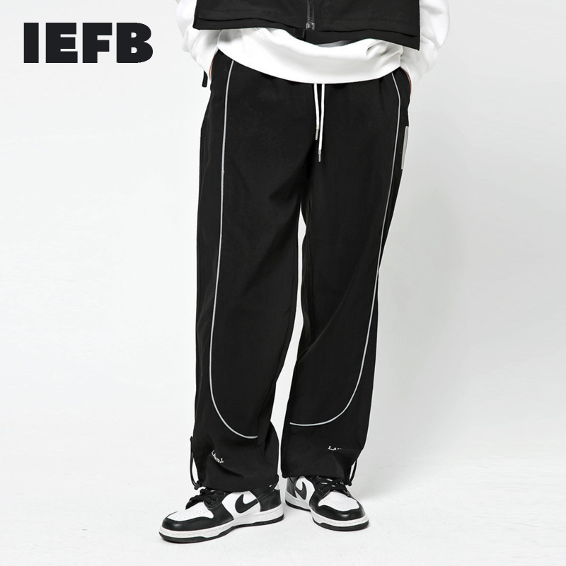 IEFB Men's Reflective Strip Straight Pants Men's Streetwear Fashion Drawstring Leggings Loose Elastic Waist Casual Trousers 4863 210524