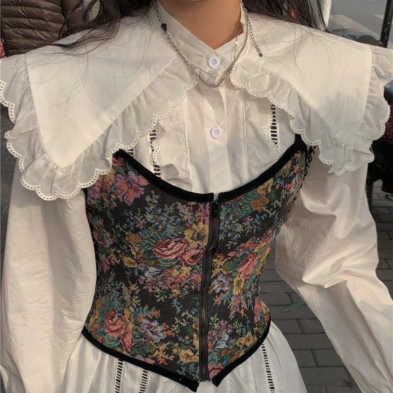 Casual White Puff Long Sleeve Sailor Collar Blouse Women Lace Ruffles Shirts + Vintage Floral Camisole Tops Sexy Plus Size 210429