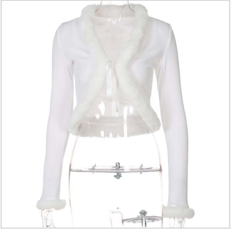 Women's Down & Parkas European And American Style Autumn Pure Color Plush Stitching Lace Cardigan Long-sleeved Top