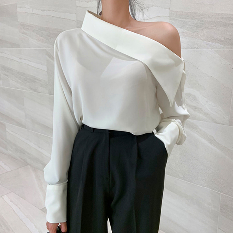 Korean Chic Off Shoulder Long Sleeve Blouse Women Sexy One Office Lady Elegant Solid Shirts Blusas Mujer 210422