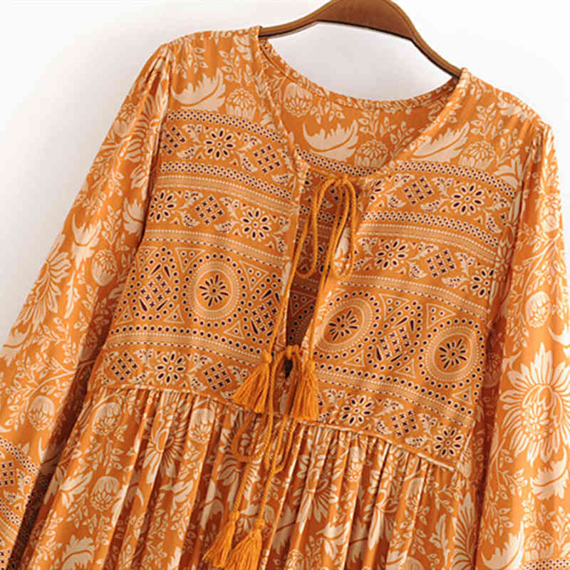 Chu Sau beauty Boho Floral Print Maxi Dress Women Holiday Fashion O-neck Bow Tassel Long Dresess Female Vestido De Moda 210508