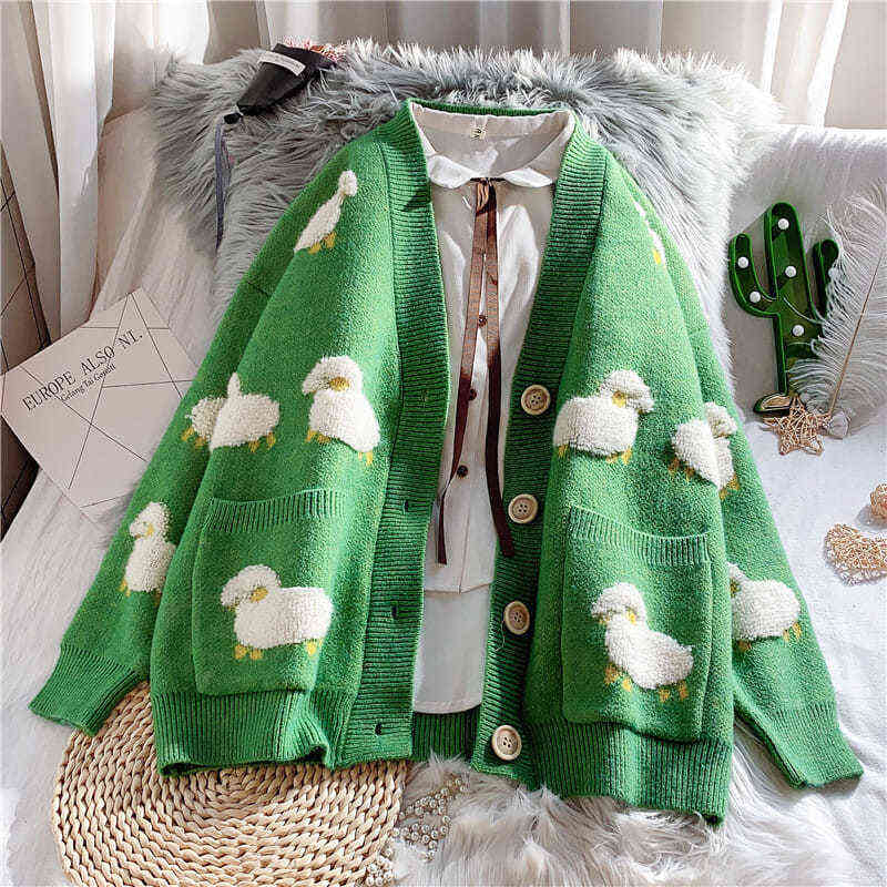 Autumn Winter Plus Size 3xl Cute Cartoon Print Knitted Cardigan Casual Big Pocket Single-breasted Sweaters Korean Loose Sweater 211117