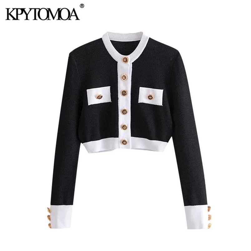 Women Fashion With Buttons Cropped Knitted Cardigan Sweater O Neck Long Sleeve Female Outerwear Chic Tops 210420