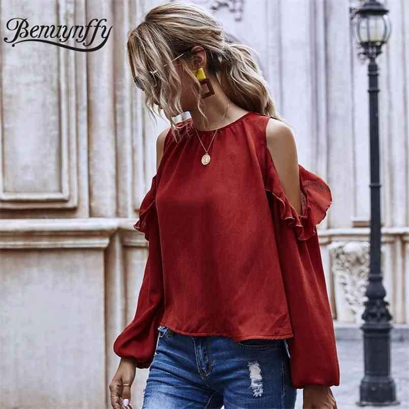 Ruffle Cold Shoulder Ladies Tops and Blouses Autumn Women Fashion O-Neck Long Sleeve Loose Solid Casual Blouse 210510
