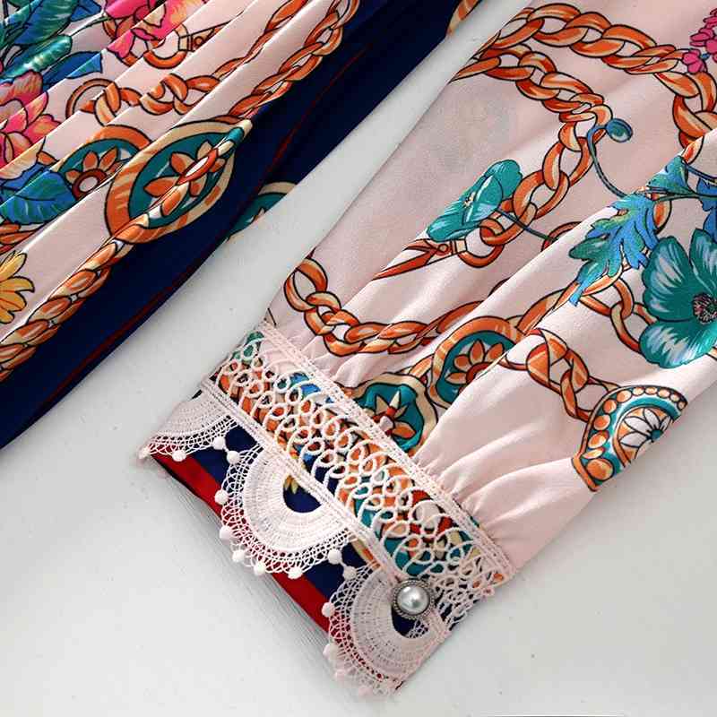 Fashion Runway Summer Women Dress Bead Floral Print Pleated Lace Elegant Slim Fit Ladies Vintage Midi Dresses 210522