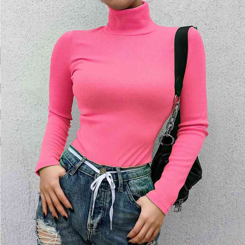 Solid Color Harajuku Turtleneck Cotton T Neon Yellow Green Knitted Crop Long Sleeve Korean Style Top Tee Shirt Haut Femme 210406