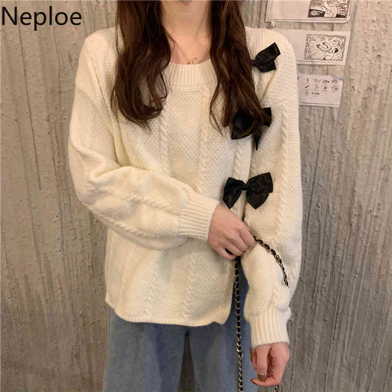 Neploe Korean Sweet Knitwear Pullovers Chic Bow O-neck Long Sleeve Knitted Sweater Women Sueter Mujer Loose All-match Red Tops 210422