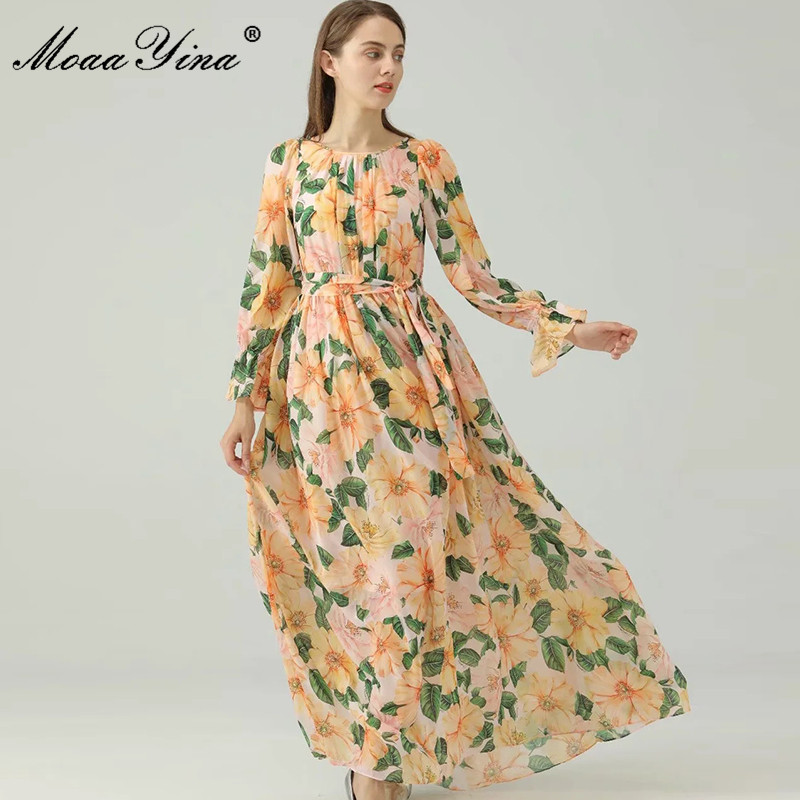 Bohemia Summer Runway Long chiffon Dresses Women sleeve Floral Print O-neck Vacation Maxi Dress 210524