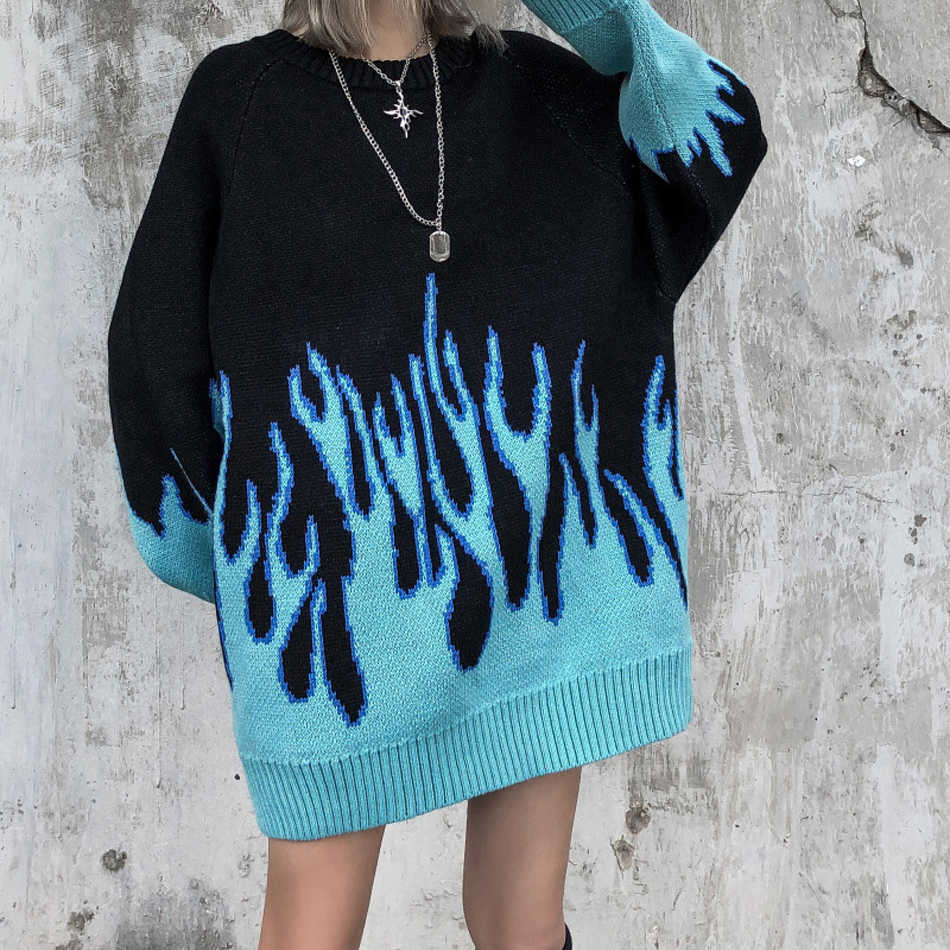Autumn New Men's Retro Flame Pattern Hip Hop Sweaters Pull Over Spandex O-neck Oversize Couple Casual Streetwear Y0907