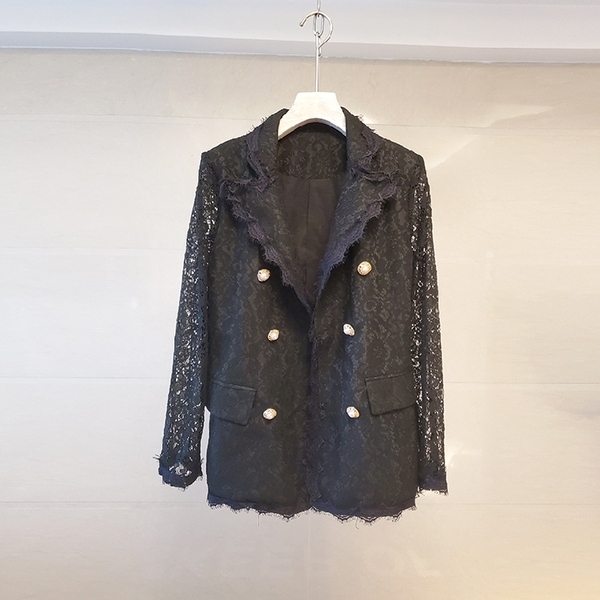 Fashion Summer Jackets Coats Women Lace Blazer Casual Long Sleeve Vintage White Female Double-breasted s Coat 210506
